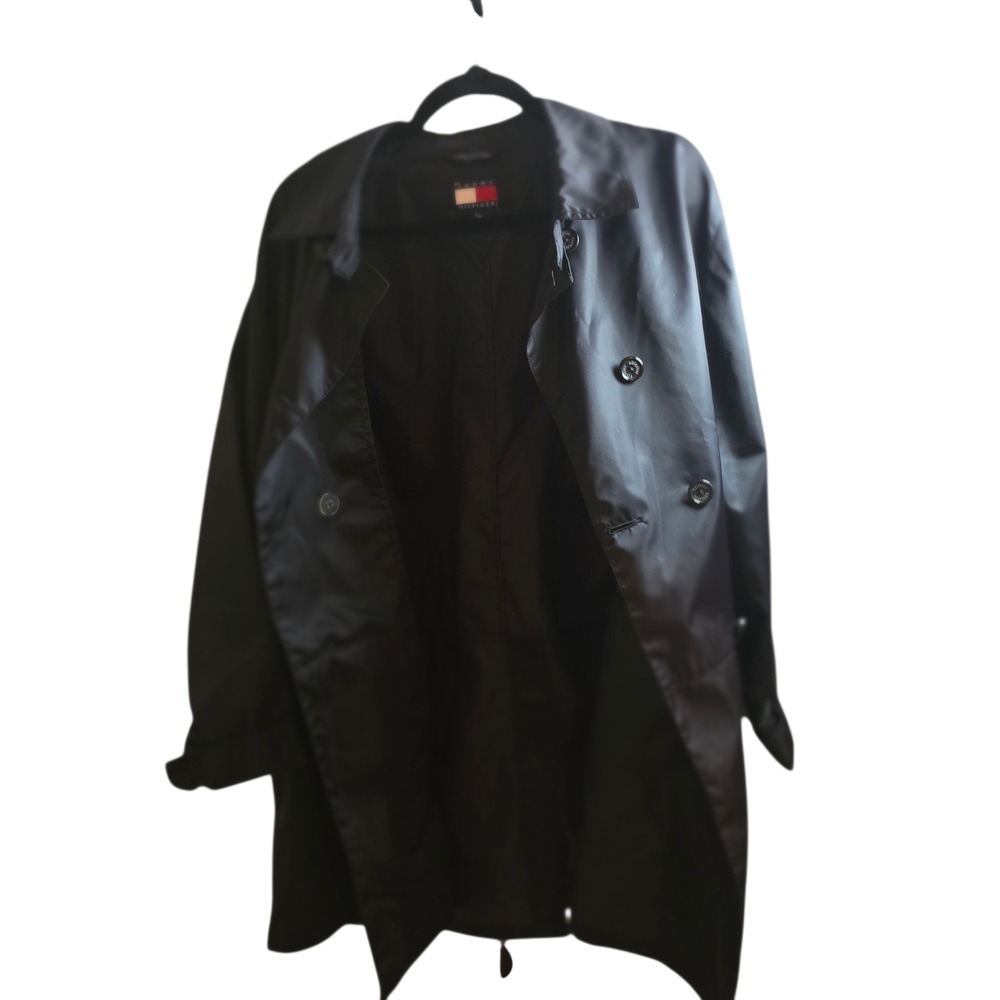 Tommy Hilfiger Black Nylon Double Breasted Trench Coat Jacket XL Vintage‎ Y2K - Picture 4 of 12